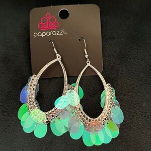 Fish hook earring. Silver/ Iridescent blue + green